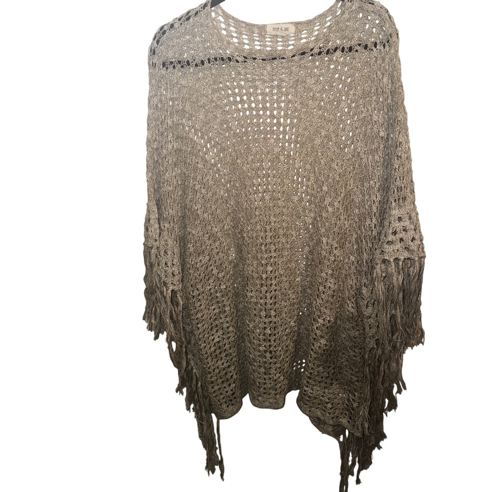 Taylor & Sage Womens Beige Open Knit Fringe Poncho Sweater Size M Boho Hippie